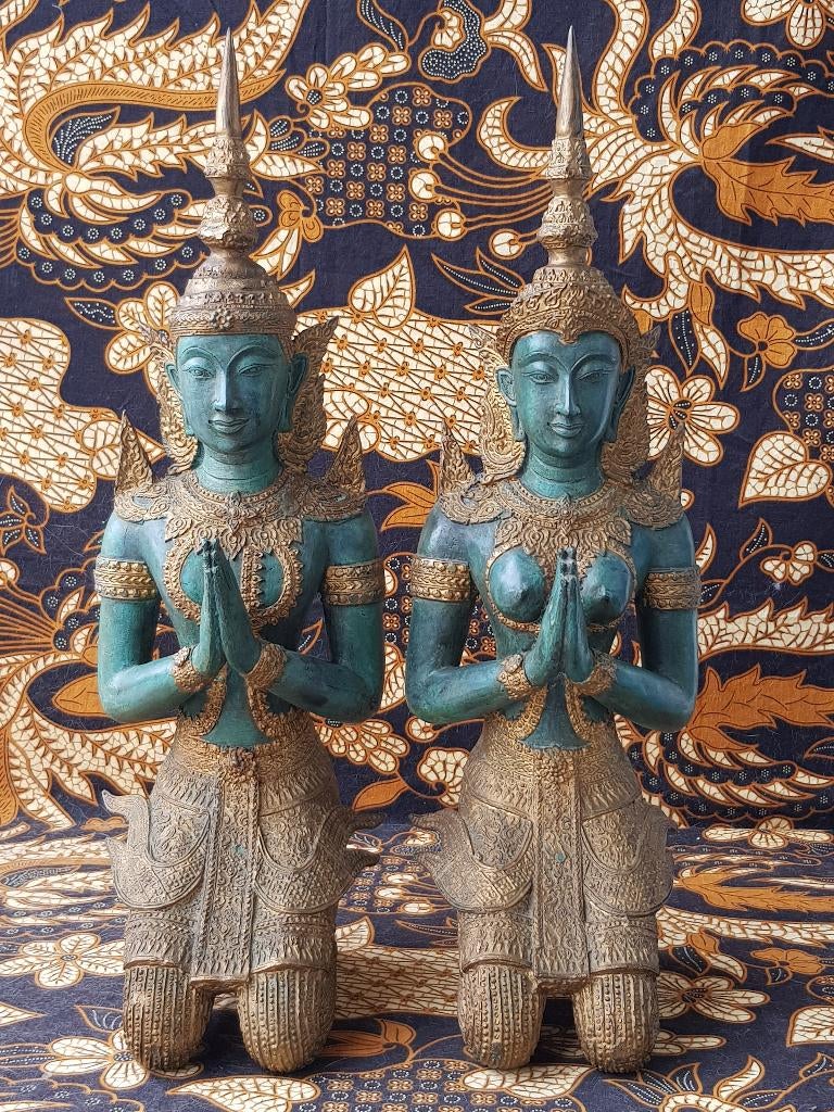 Prachtig stel grote oude Oosterse tempelwachters van brons., Ophalen of Verzenden