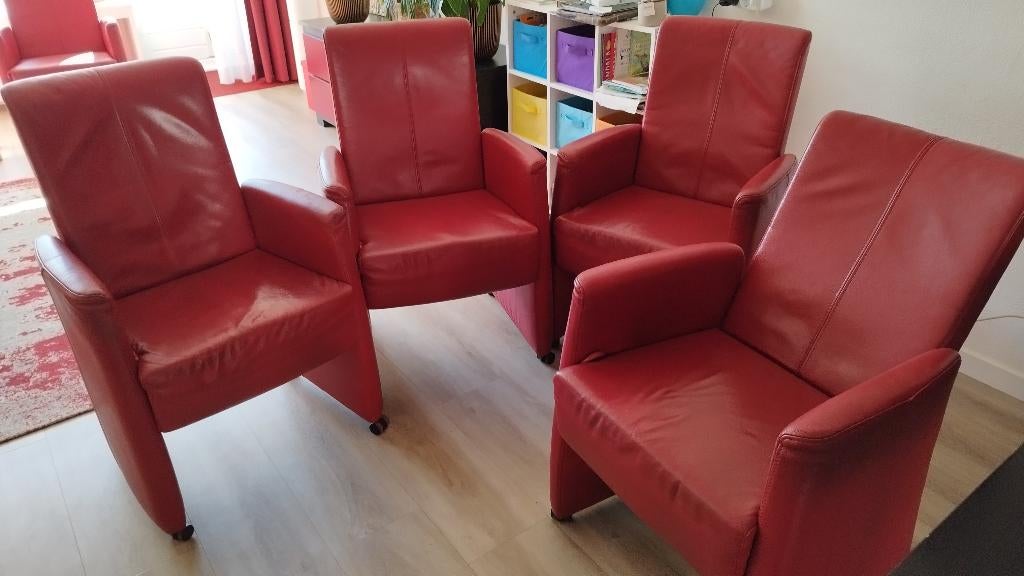 4 rode leren eetkamerstoelen, Huis en Inrichting, Stoelen, Ophalen, Gebruikt, Leer, Vier