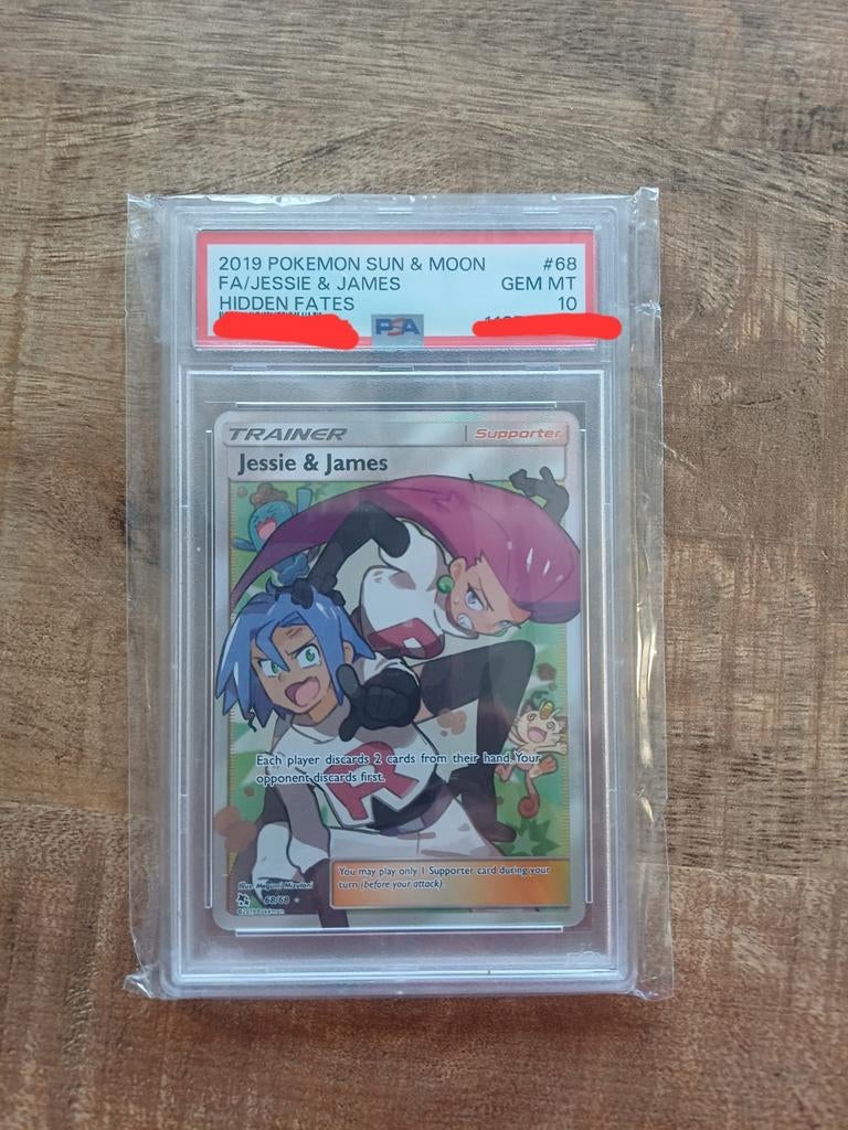 PSA 10 Jessie & James (2019 Hidden Fates) Pokémon Kaart, Ophalen of Verzenden, Zo goed als nieuw, Losse kaart