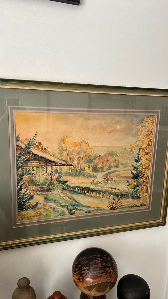 Midcentury landschap aquarel schilderij Susanne Saran 1950s, Antiek en Kunst, Ophalen of Verzenden