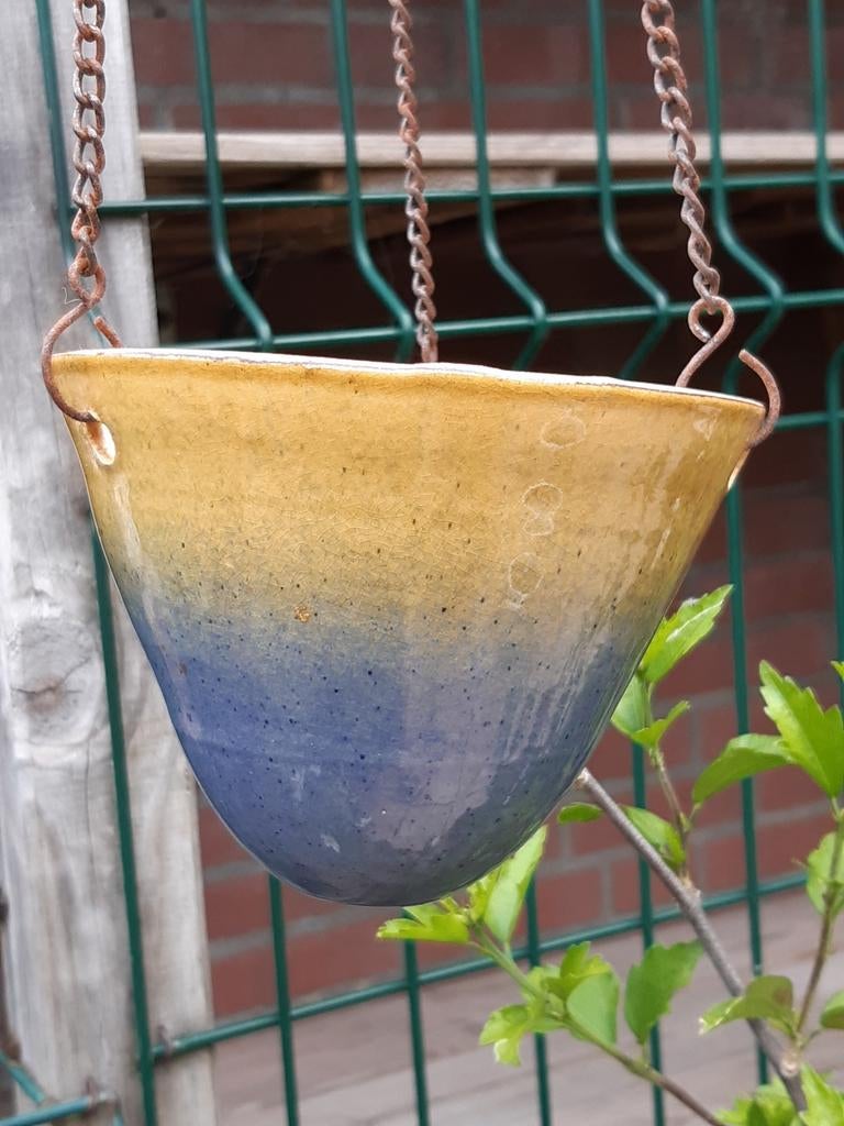 Vintage hang bloempot blauw/geel 14 cm, Rond, Ophalen of Verzenden, Aardewerk, Minder dan 40 cm
