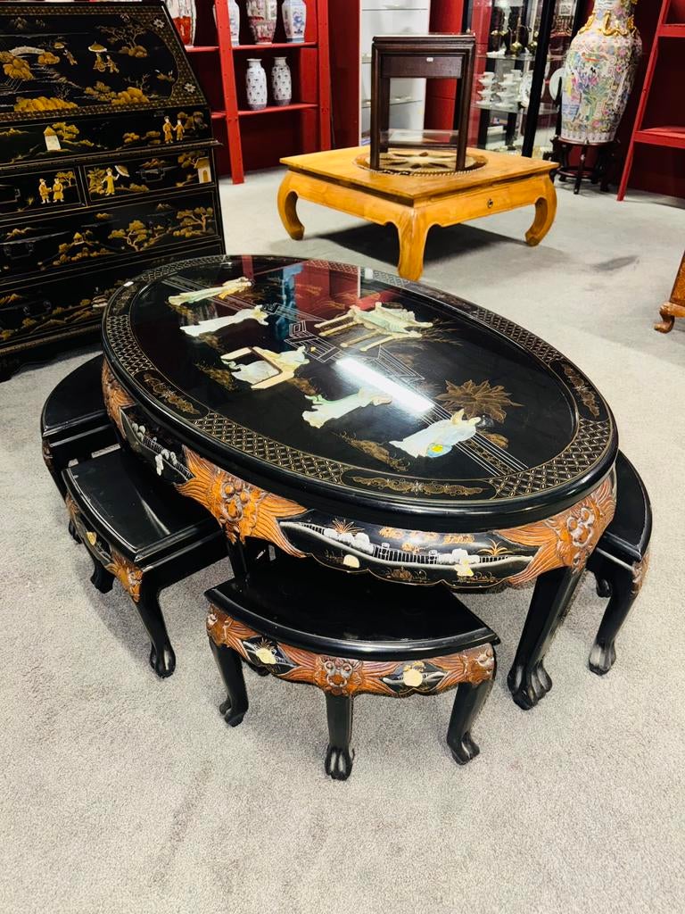 Chinese salontafel met zes krukjes, Ophalen of Verzenden