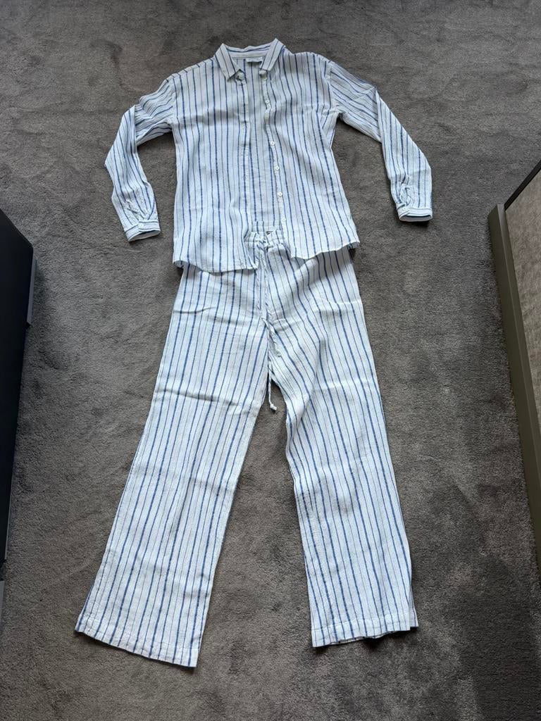 Set broek en blouse wit blauw gestreept Cotton Club mt M/L, Maat 38/40 (M), Kostuum of Pak, Wit, Ophalen of Verzenden