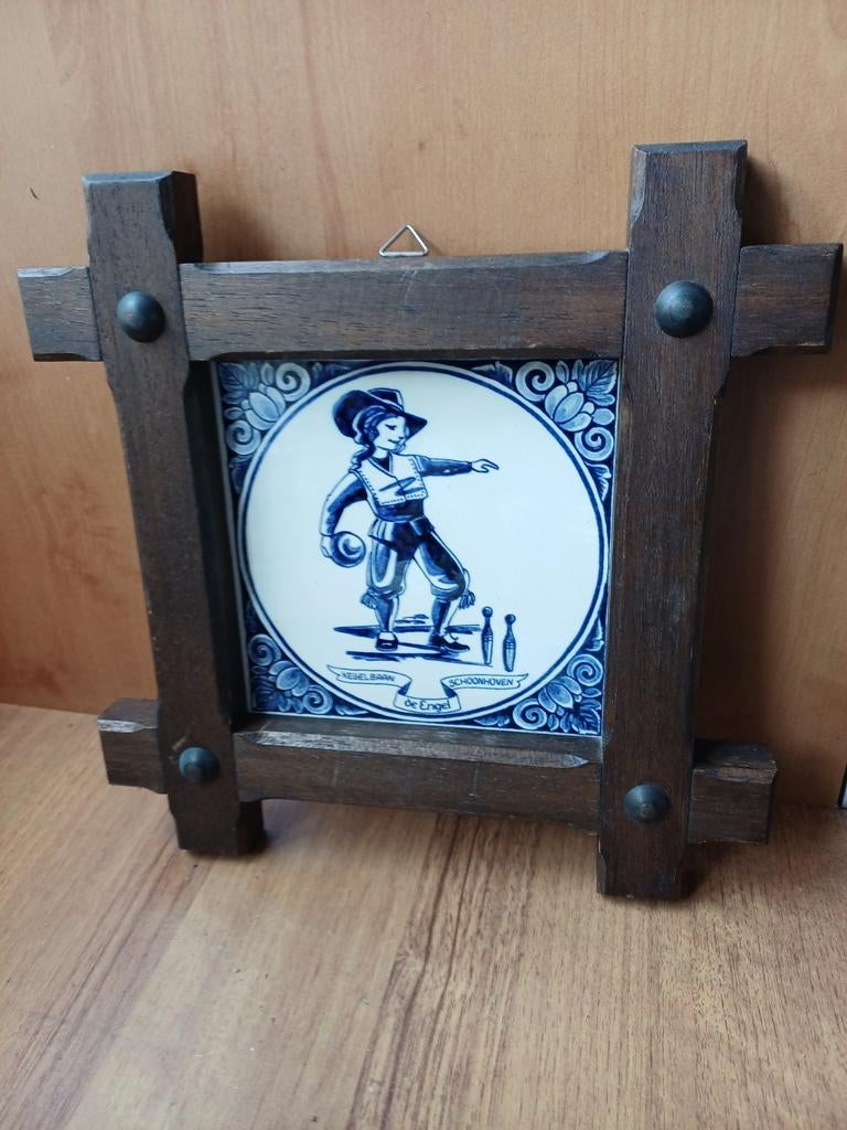 Delfts Blauw Tegeltableau Kegelbaan De Engel Schoonhoven, Antiek en Kunst, Ophalen of Verzenden