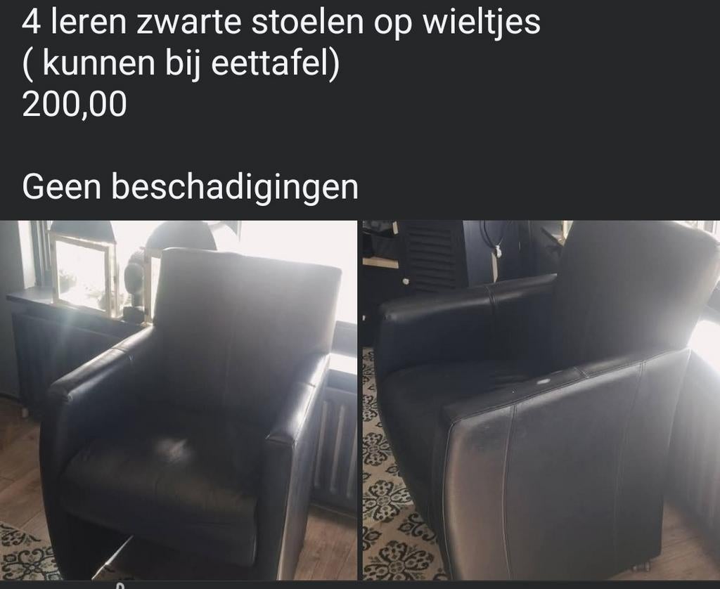 4 leren stoelen op wieltjes, Huis en Inrichting, Stoelen, Ophalen