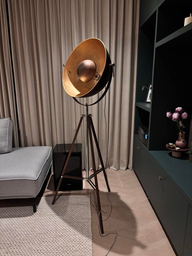 Bollamp, vloerlamp, drie poot, industrieel, brons/goud, Ophalen, Zo goed als nieuw, 150 tot 200 cm