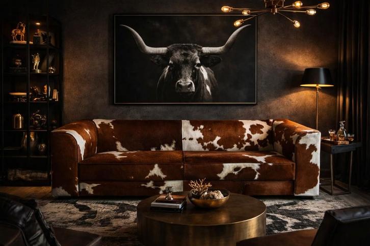 Bea bank in echt koeienhuid op maat gemaakt, Huis en Inrichting, Banken | Bankstellen, Nieuw, Rechte bank, Driepersoons, 200 tot 250 cm