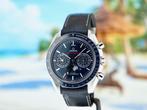 Omega Speedmaster Moonphase Chrono Briljante Staat 11-2024NL, Leer, Staal, Polshorloge, Ophalen of Verzenden