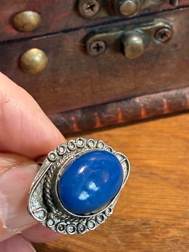 Vintage Handgemaakte verzilverde Ring met Lapis Lazuli Steen, Sieraden, Tassen en Uiterlijk, Ringen, Gebruikt, Blauw, Ophalen of Verzenden