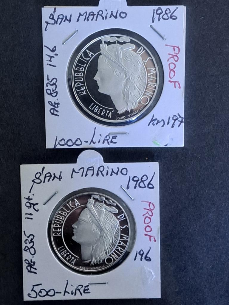 San Marino 500 en 1000 Lire 1986 Proofs, Ophalen of Verzenden