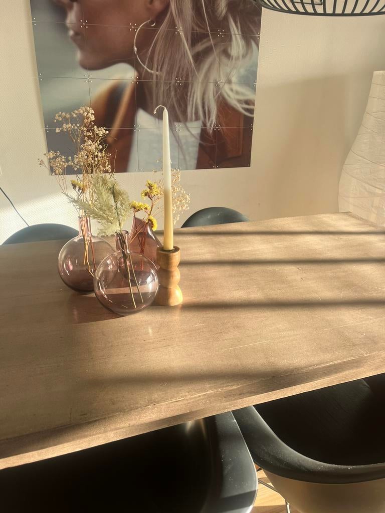 Houten eettafel + 4 kuipstoelen incl. kussens te koop, Ophalen, Gebruikt, 4 tot 6 stoelen