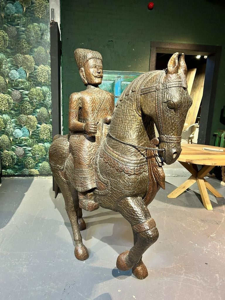 Uniek beeld paard met ruiter, Ophalen, 1 meter - 2 meter, Beeld, Bruin