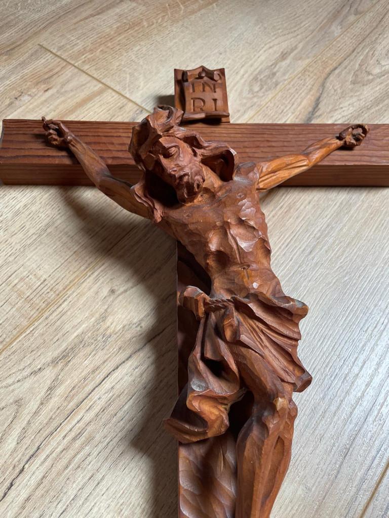 Handgesneden Houten Crucifix - 60 cm - Vintage/Antiek, Houtsnijwerk, Handgemaakt, Hout, Religie