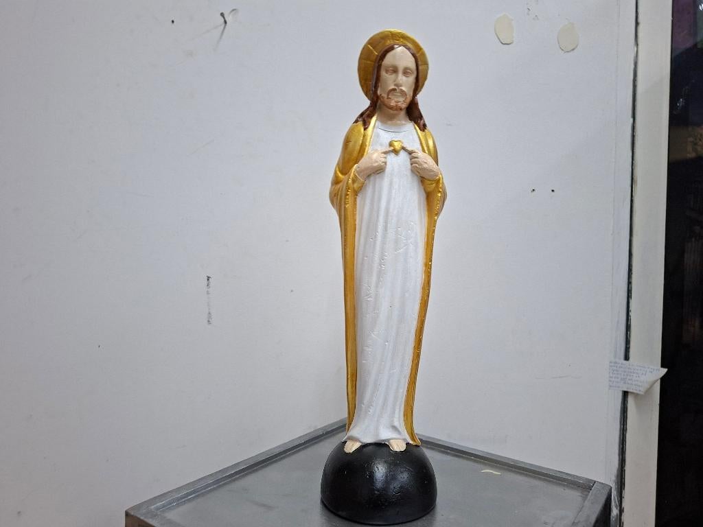 antiek beeld christus goud wit gekleed op zwarte voet, Ophalen of Verzenden