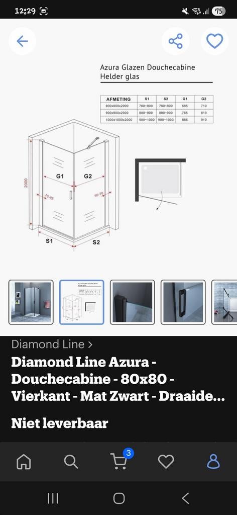 Diamond Line Azura Douchecabine 80x80 cm Zwart, Ophalen