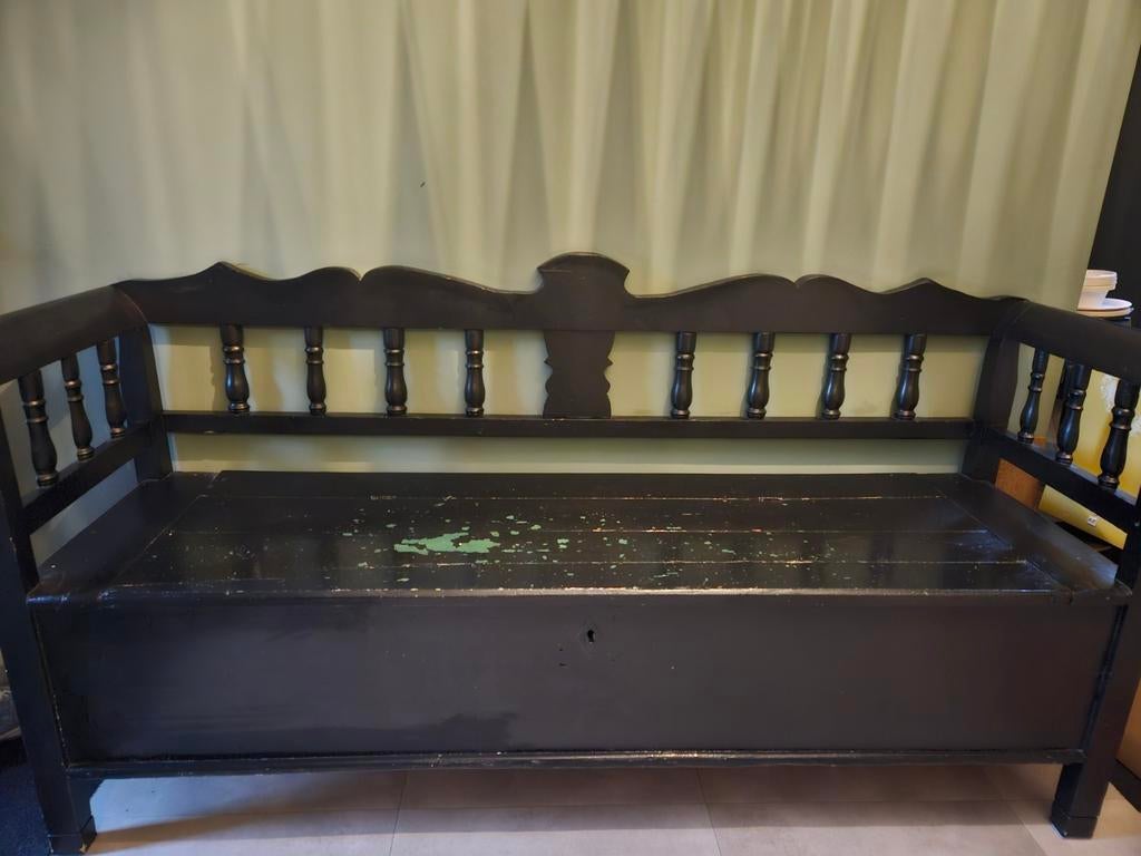 Zwarte houten klepbank met opbergruimte, Antiek en Kunst, Ophalen