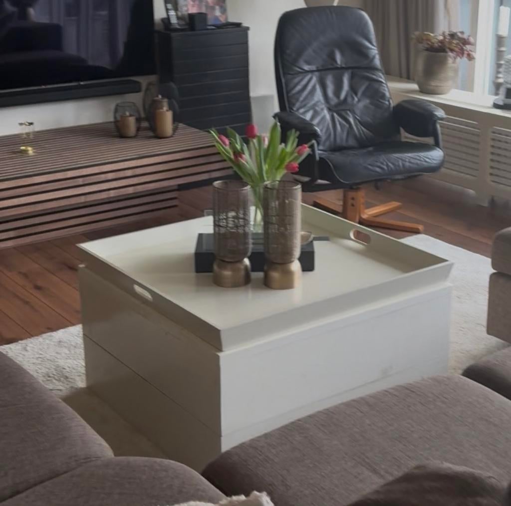 Houten salontafel vierkant (kubus) met dienblad 80x80x42, Huis en Inrichting, Tafels | Salontafels, Gebruikt, Vierkant, Minder dan 50 cm