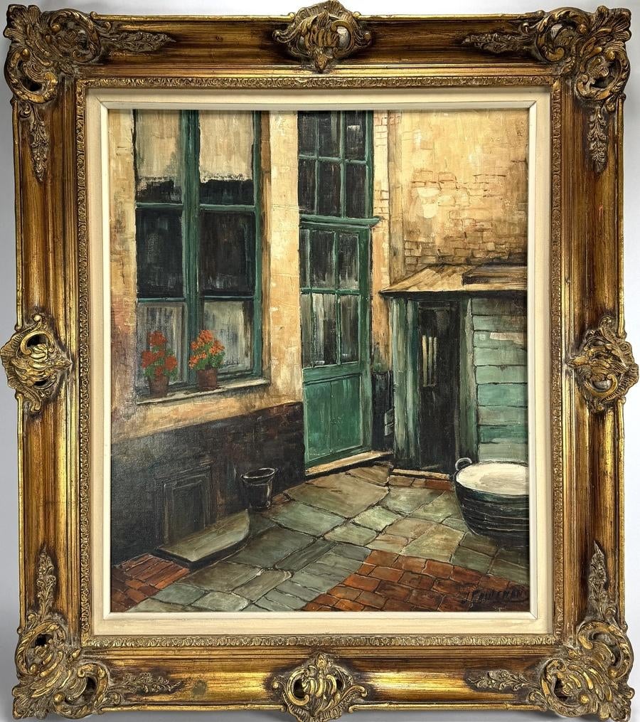 1455. Olieverfschilderij - binnenplaats, ca. 1940, Antiek en Kunst, Ophalen of Verzenden