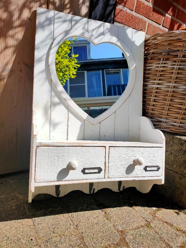 Landelijk wandkastje met spiegel en haakjes, Gebruikt, 40 cm, Hout, Decoratieobject