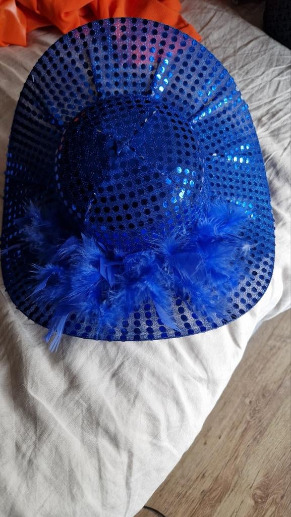 Blauwe Pailletten Hoed met Veren - Feest & Carnaval, Ophalen of Verzenden