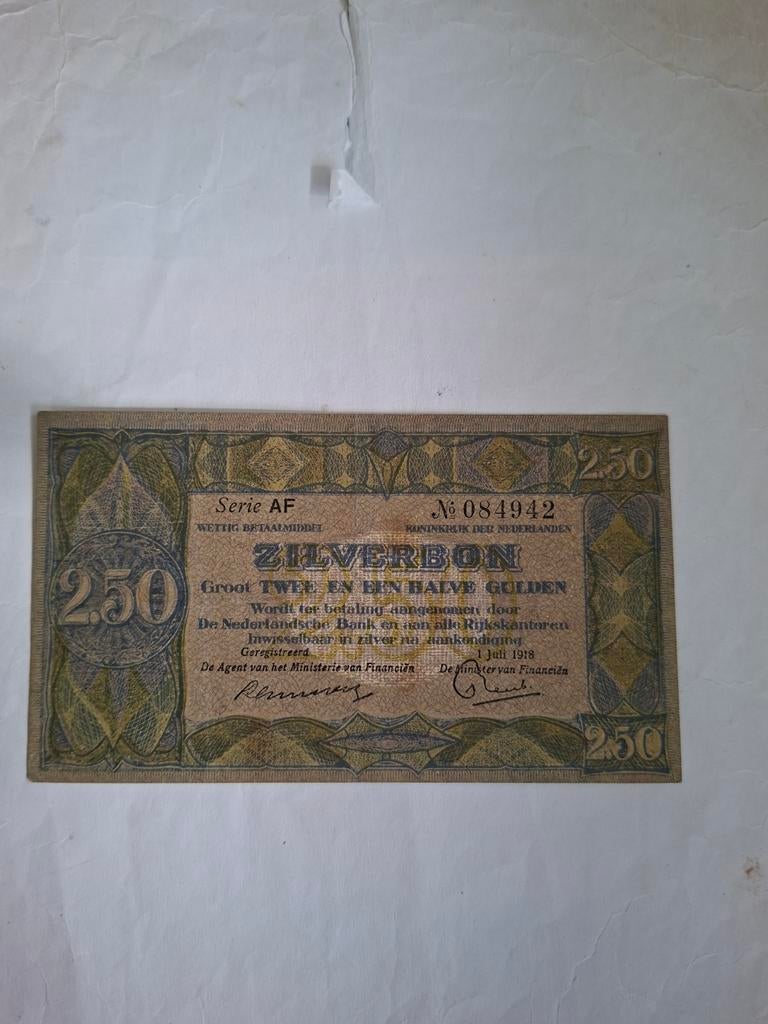 2,5 gulden 1918 zilverbon in AUNC, Postzegels en Munten, Bankbiljetten | Nederland, Ophalen of Verzenden, 2½ gulden, Los biljet