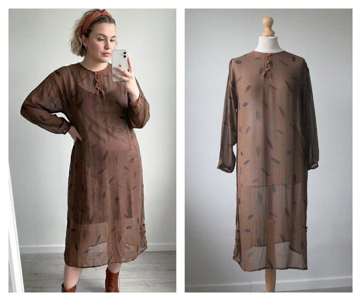 Gudrun Sjoden - overjurk / jurk bruin / maat M, Kleding | Dames, Jurken, Zo goed als nieuw, Maat 38/40 (M), Bruin, Onder de knie