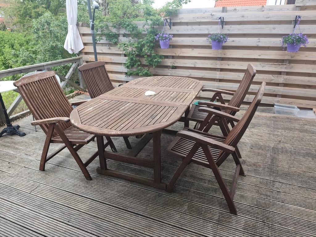 Houten tuinset met tafel en 4 stoelen, Tuin en Terras, Ophalen, Gebruikt, Hout