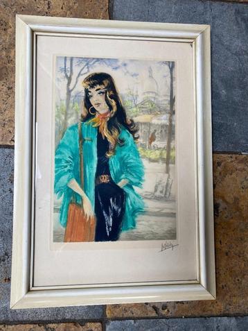 Litho met waterverf, Place du Tertre Montmartre, M Bédes beschikbaar voor biedingen