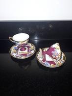 2 Antieke sierkop en schotels op voet vol bloemen&bladgoud, Verzenden