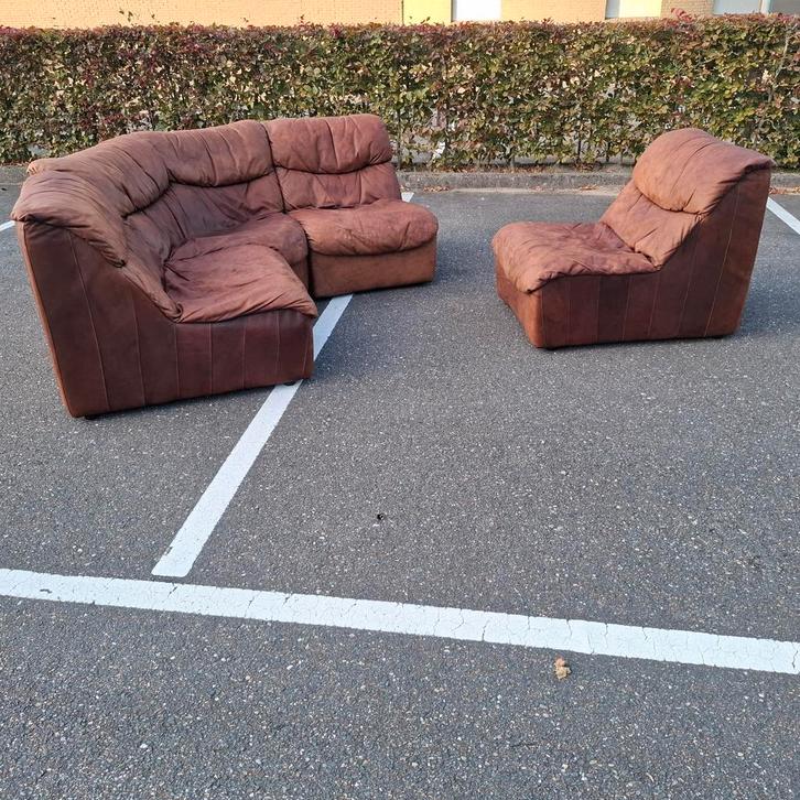 Vintage leren zitelementen fauteuil bank bankstel hoekbank, Huis en Inrichting, Banken | Bankstellen, Gebruikt, Hoekbank, Vierpersoons of meer