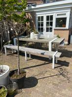 Zeer mooie eikenhouten tuinset met wit metalen onderstel, Gebruikt, Ophalen of Verzenden, 8 zitplaatsen, Bank