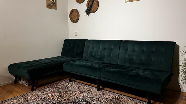 Groene Velvet Hoekbank - Stijlvol en Comfortabel!, Huis en Inrichting, Banken | Bankstellen, Zo goed als nieuw, Hoekbank, Vierpersoons of meer
