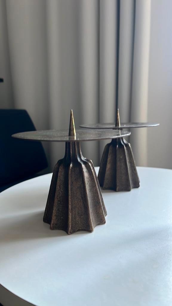 Vintage koperen Brutalist kandelaren, Huis en Inrichting, Woonaccessoires | Kandelaars en Kaarsen, Zo goed als nieuw, Minder dan 25 cm