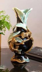 Vintage vaas met apen monkey vase 32cm goud zwart Seta Fiori, Ophalen of Verzenden