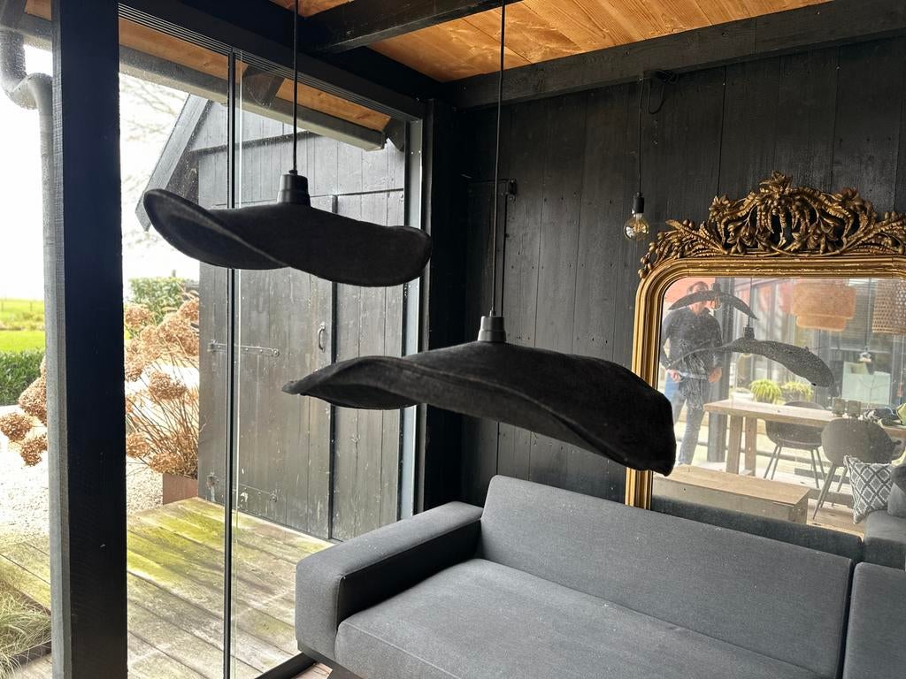 Zwarte Touw Schotel Hanglamp Ibiza stijl, Huis en Inrichting, Lampen | Hanglampen, Ophalen of Verzenden, Zo goed als nieuw, Overige materialen