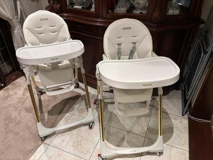 2x Peg Perego Prima Pappa Follow Me - Goud, Kinderen en Baby's, Kinderstoelen, Gebruikt, Inklapstoel, Afneembaar eetblad, Ophalen