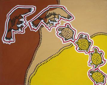 Schilderij (Aboriginal) van een schildpad met een arend beschikbaar voor biedingen