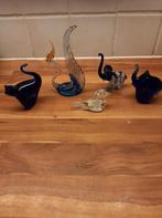 5 murano beeldjes blauw glas, poes 2 olifantjes en 2x vogel, Ophalen of Verzenden