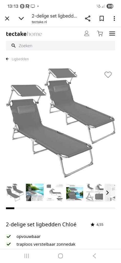 Tectake opvouwbare ligstoelen met zonnescherm, Tuin en Terras, Ligbedden, Nieuw, Aluminium, Inklapbaar, Ophalen