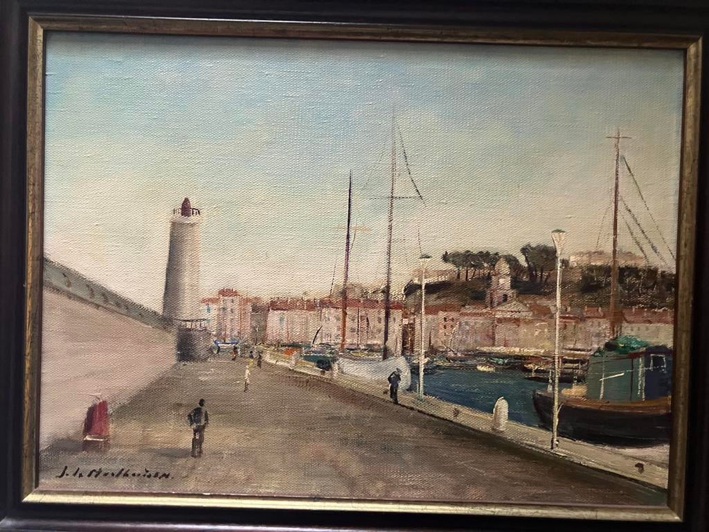 Haven Tafereel met Vuurtoren Schilderij, Ophalen of Verzenden