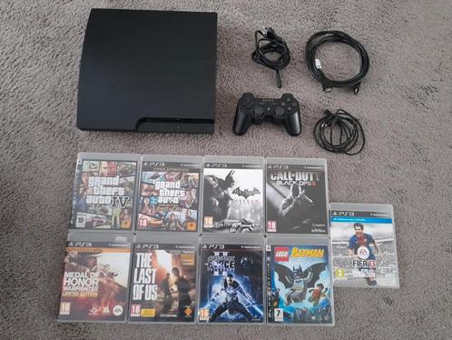 PS3 Slim 160 gb met 1 Controller en 9 Spellen, Spelcomputers en Games, Spelcomputers | Sony PlayStation 3, Gebruikt, Slim, 160 GB