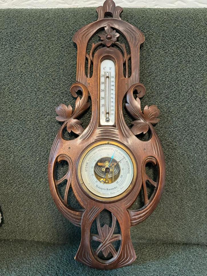 Antieke Houten Barometer met Thermometer, Antiek en Kunst, Antiek | Glas en Kristal, Ophalen of Verzenden