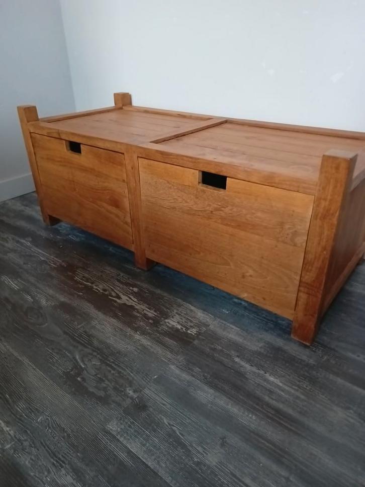 Teakhouten Opbergkist / Bank met Zitkussens, Huis en Inrichting, Woonaccessoires | Kisten, Gebruikt, Minder dan 50 cm, Minder dan 50 cm