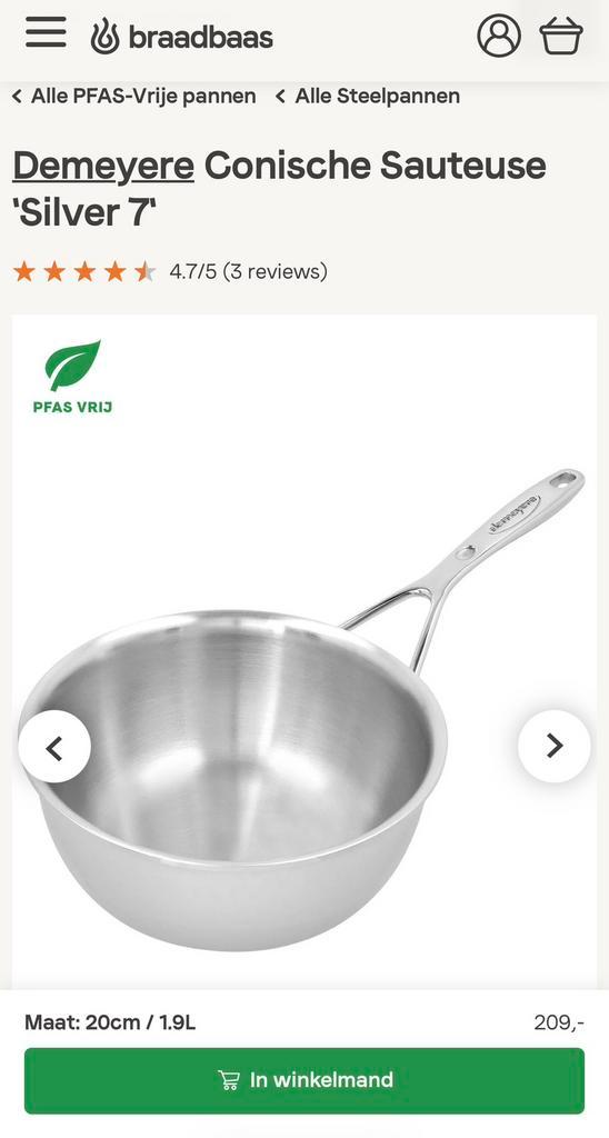 Demeyere Silver(7) Conische Sauteuse 20cm - Nieuw!, Huis en Inrichting, Keuken | Potten en Pannen, Nieuw, Koekenpan of Braadpan