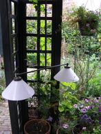 Hangamp met 2 melkglazen schalen bronzen montuur 92cm breed, Antiek en Kunst, Antiek | Lampen, Ophalen