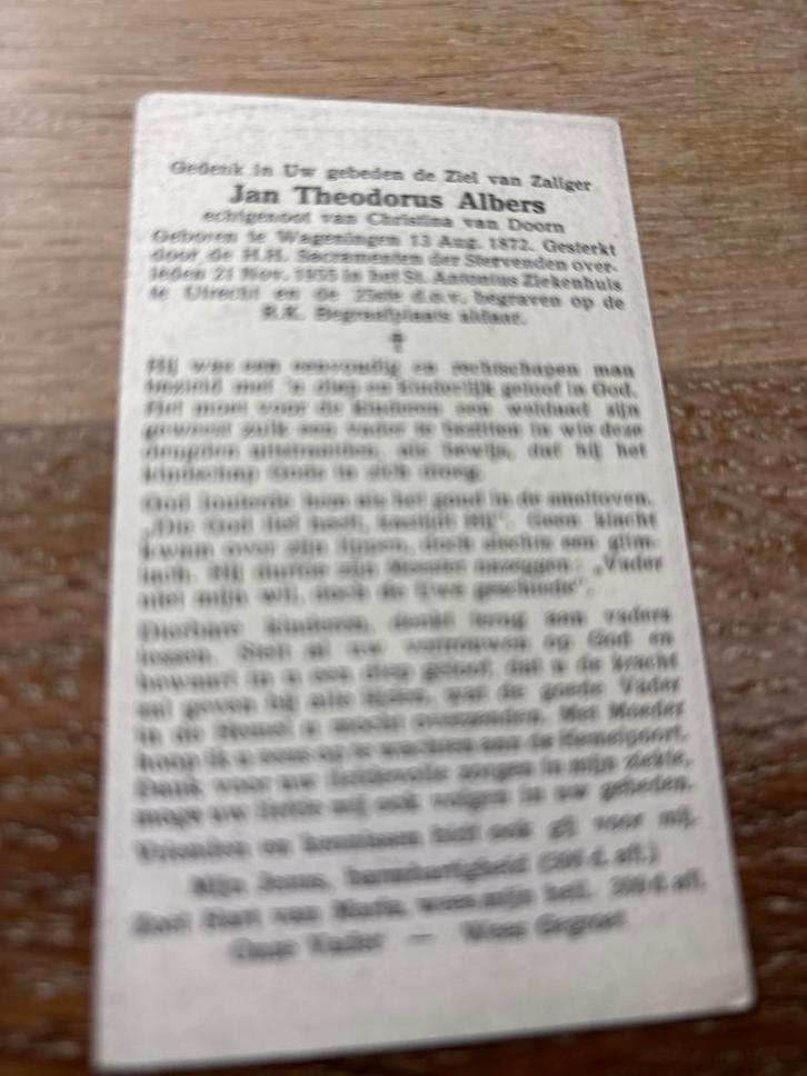 Albers Jan 1872 Wageningen 1955 Utrecht x van Doorn - 28457, Verzamelen, Bidprentjes en Rouwkaarten, Bidprentje, Ophalen of Verzenden