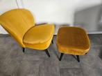 Woood Fauteuil + Hocker - Okergeel Velvet - TEAB, Huis en Inrichting, Ophalen, Zo goed als nieuw, 75 tot 100 cm, 50 tot 75 cm