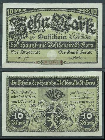 Gera Stadt 10 Mark 1919 Noodgeld Notgeld Biljet c-395 jdu  Z beschikbaar voor biedingen