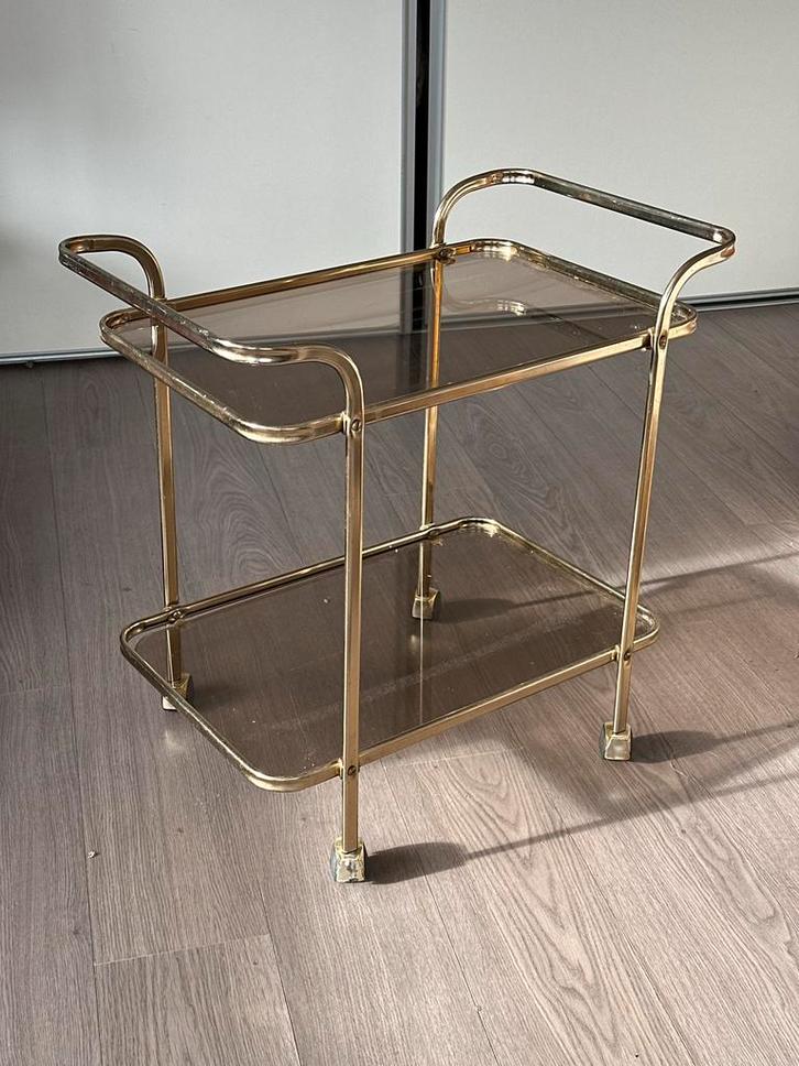 Vintage Serveerwagen Mid-Century Modern Hollywood Regency, Huis en Inrichting, Tafels | Bijzettafels, Gebruikt, Rechthoekig, Glas