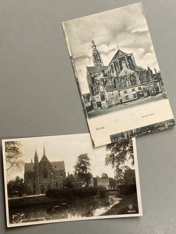Twee oude ansichtkaarten kerken Breda ( 1 x misdruk), Verzamelen, Ansichtkaarten | Nederland, Ongelopen, Noord-Brabant, Voor 1920